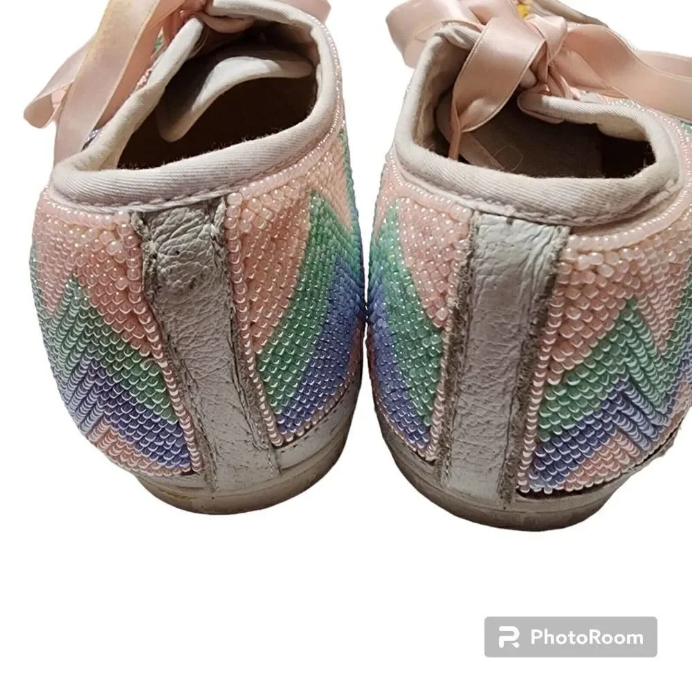 Vintage 80s Beadz Beaded Tennis Shoes Sneakers Size 8 Pink Pastel Ribbon Laces